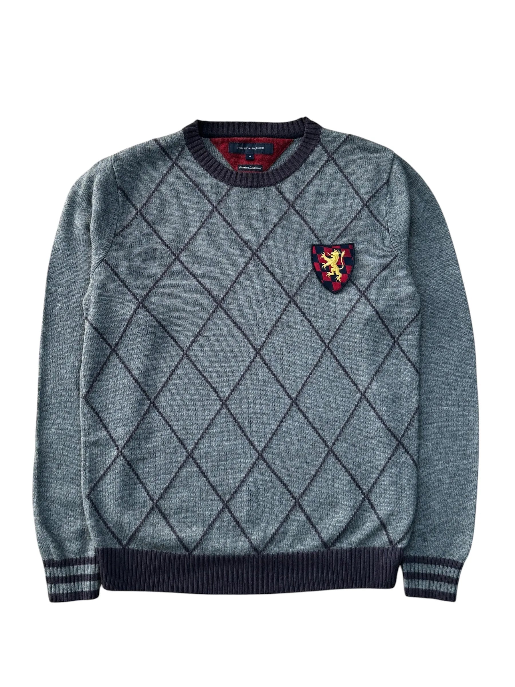 Tommy Hilfiger grey pullover, size M, with diamond pattern design.