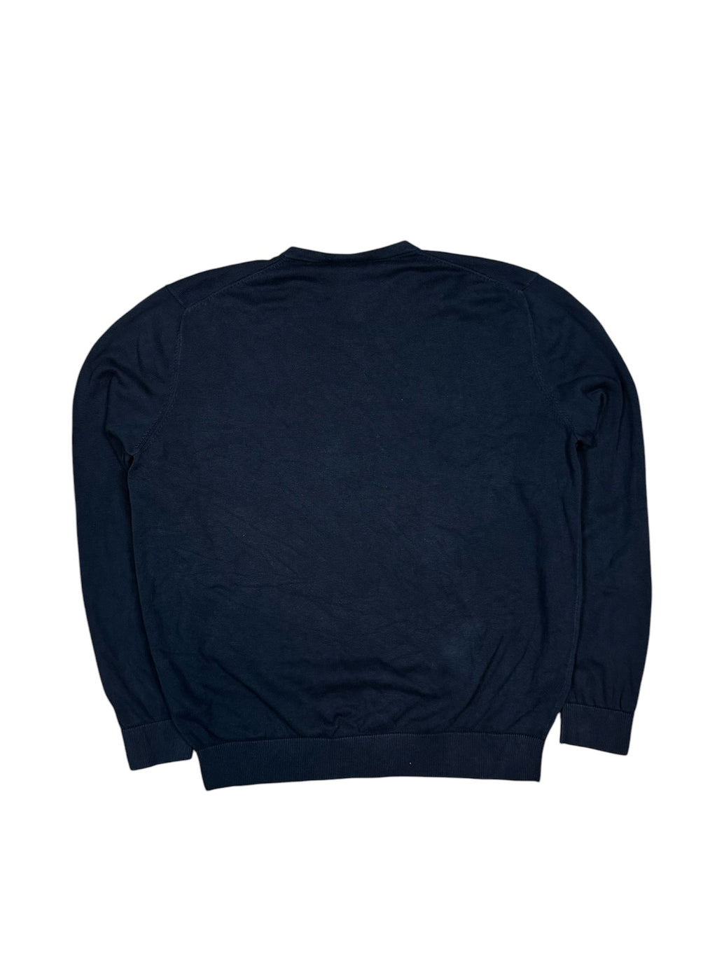 Dunkelblauer Vintage Lacoste Wollpullover mit V-Ausschnitt in Größe XL.