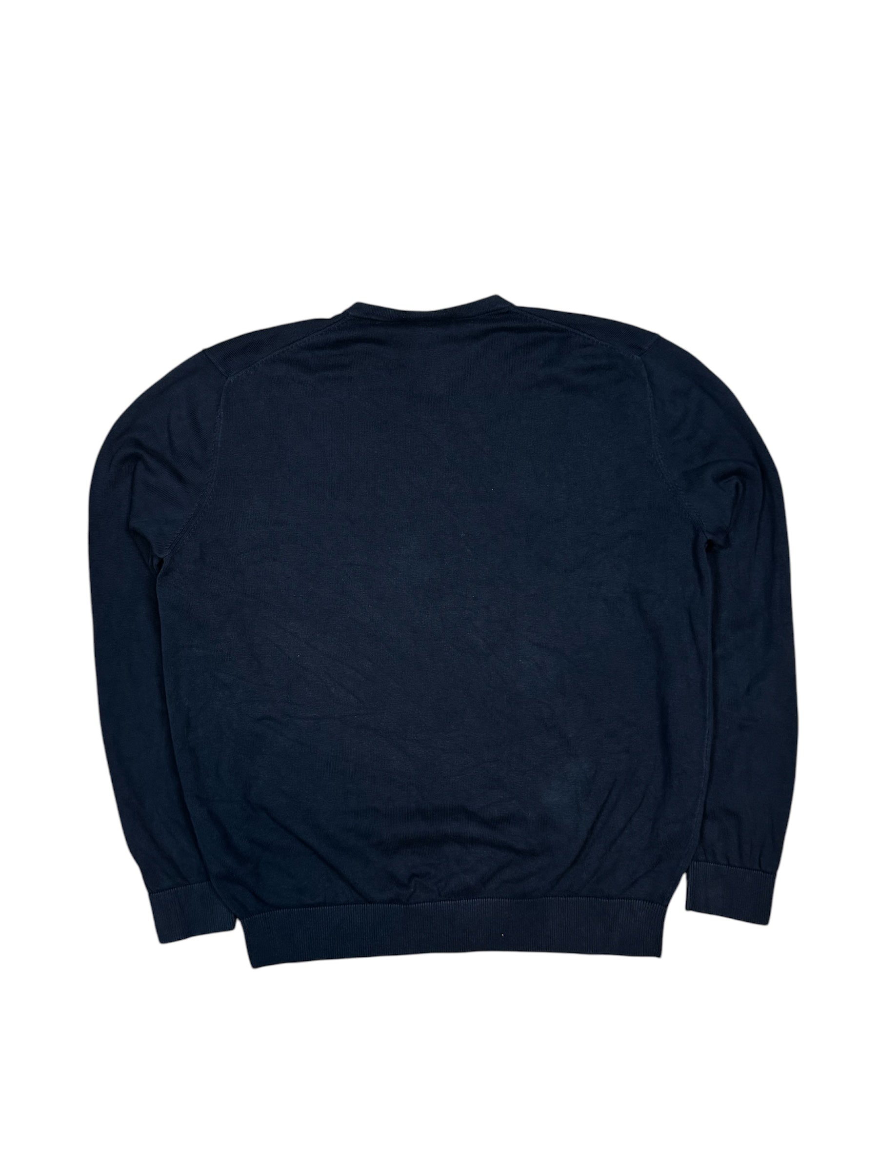 Dunkelblauer Vintage Lacoste Wollpullover mit V-Ausschnitt in Größe XL.