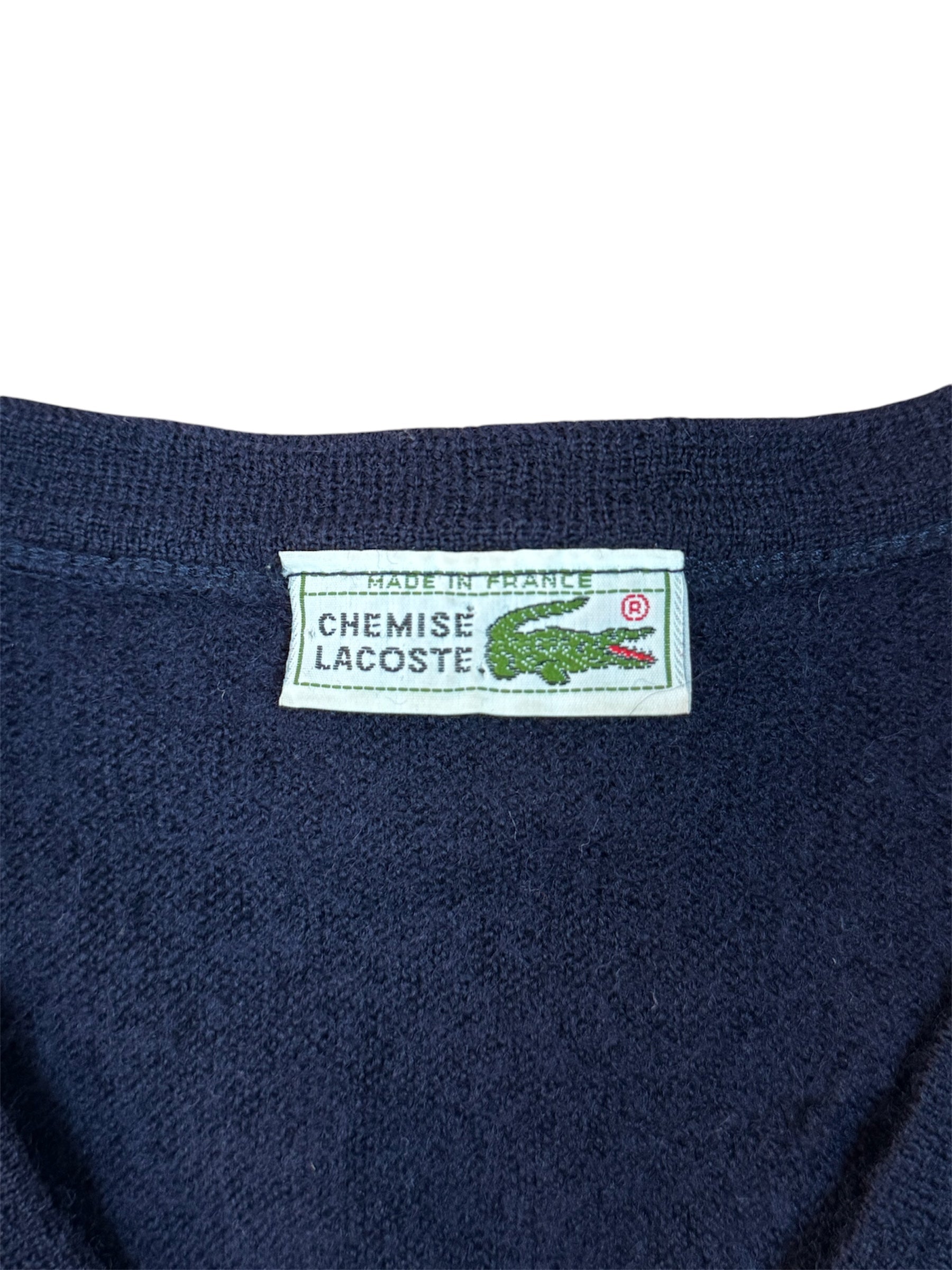 Dunkelblauer Vintage Lacoste Wollpullover, XL, mit V-Ausschnitt.
