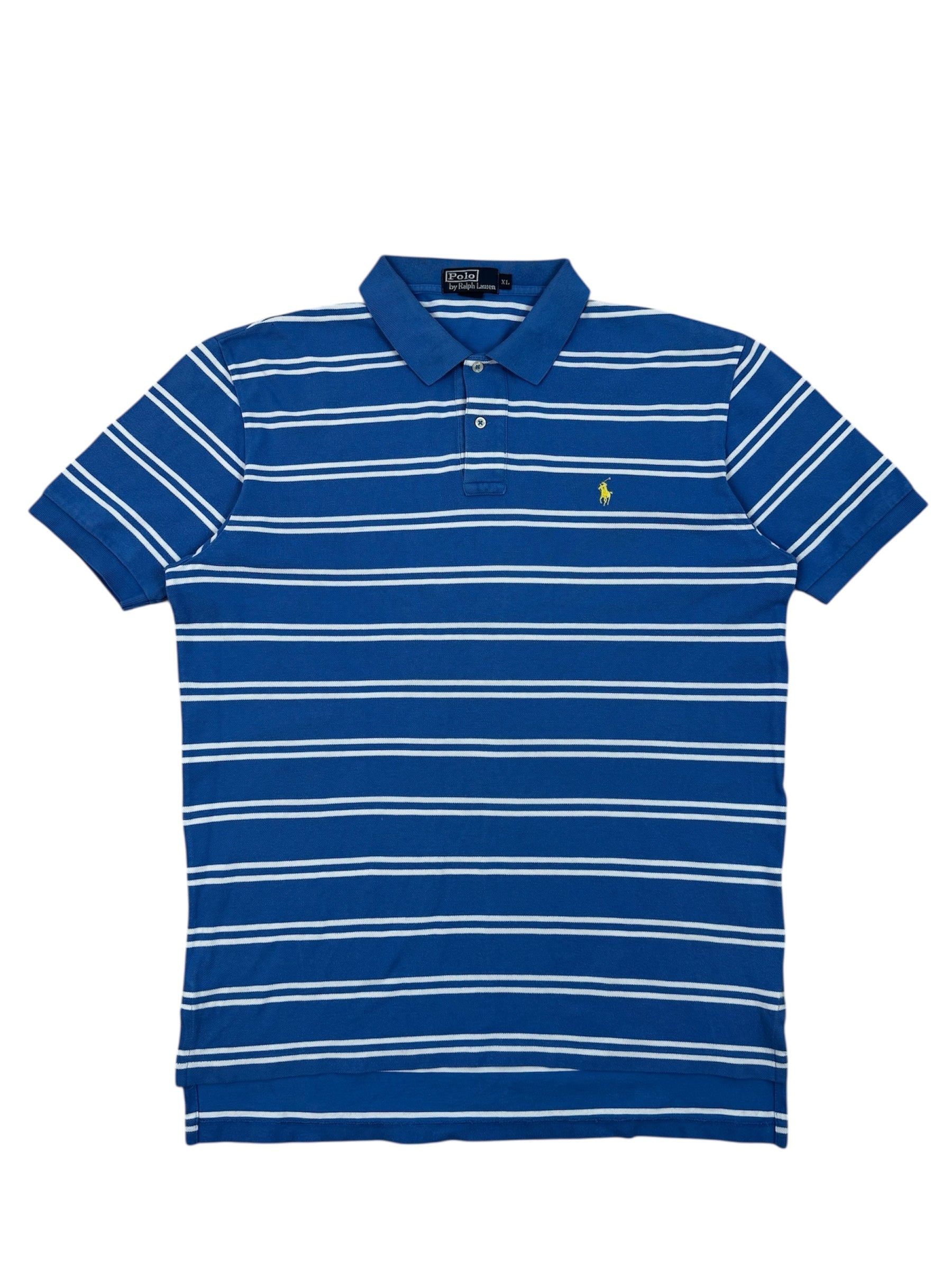 Ralph Lauren Poloshirt in light blue and white stripes, XL size, vintage-style.