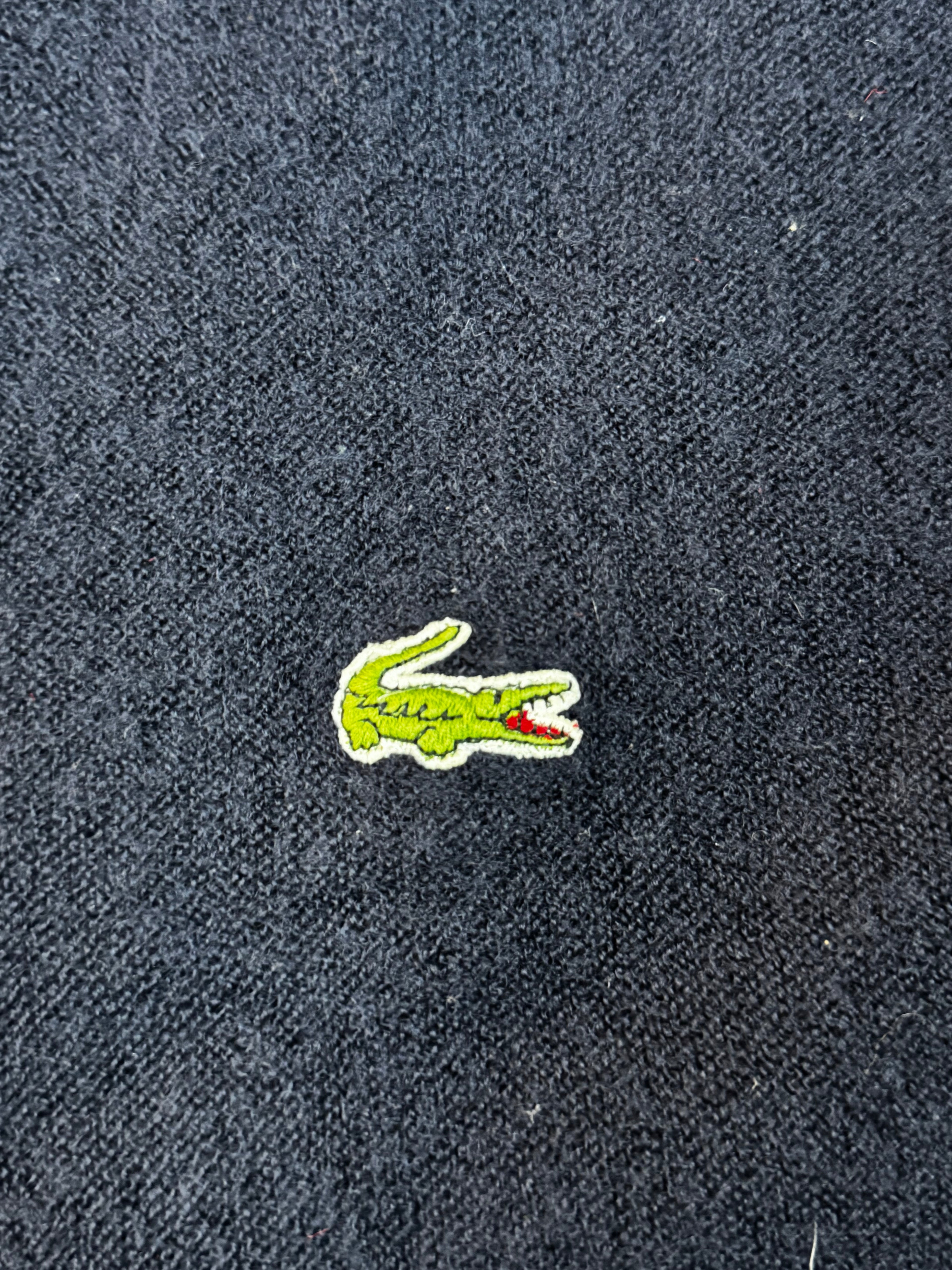 Dunkelblauer Vintage Lacoste Wollpullover mit Krokodil-Logo, Größe XL.