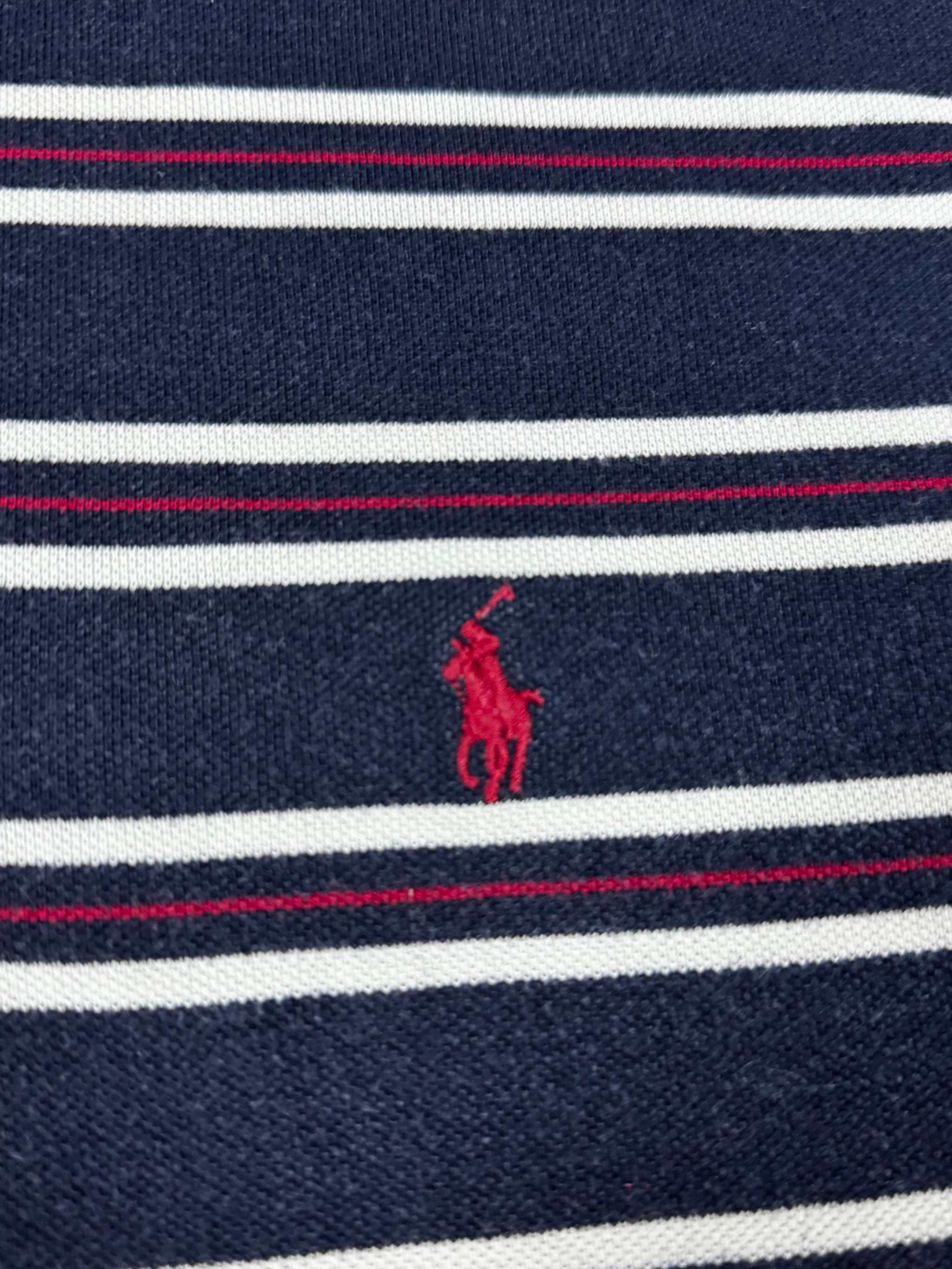 Ralph Lauren Poloshirt, marineblau mit weiß-roten Streifen, Größe L.
