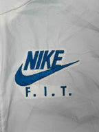 Nike Vintage Fleecejacke in Blau und Weiß, Größe 2XL, Logoansicht.