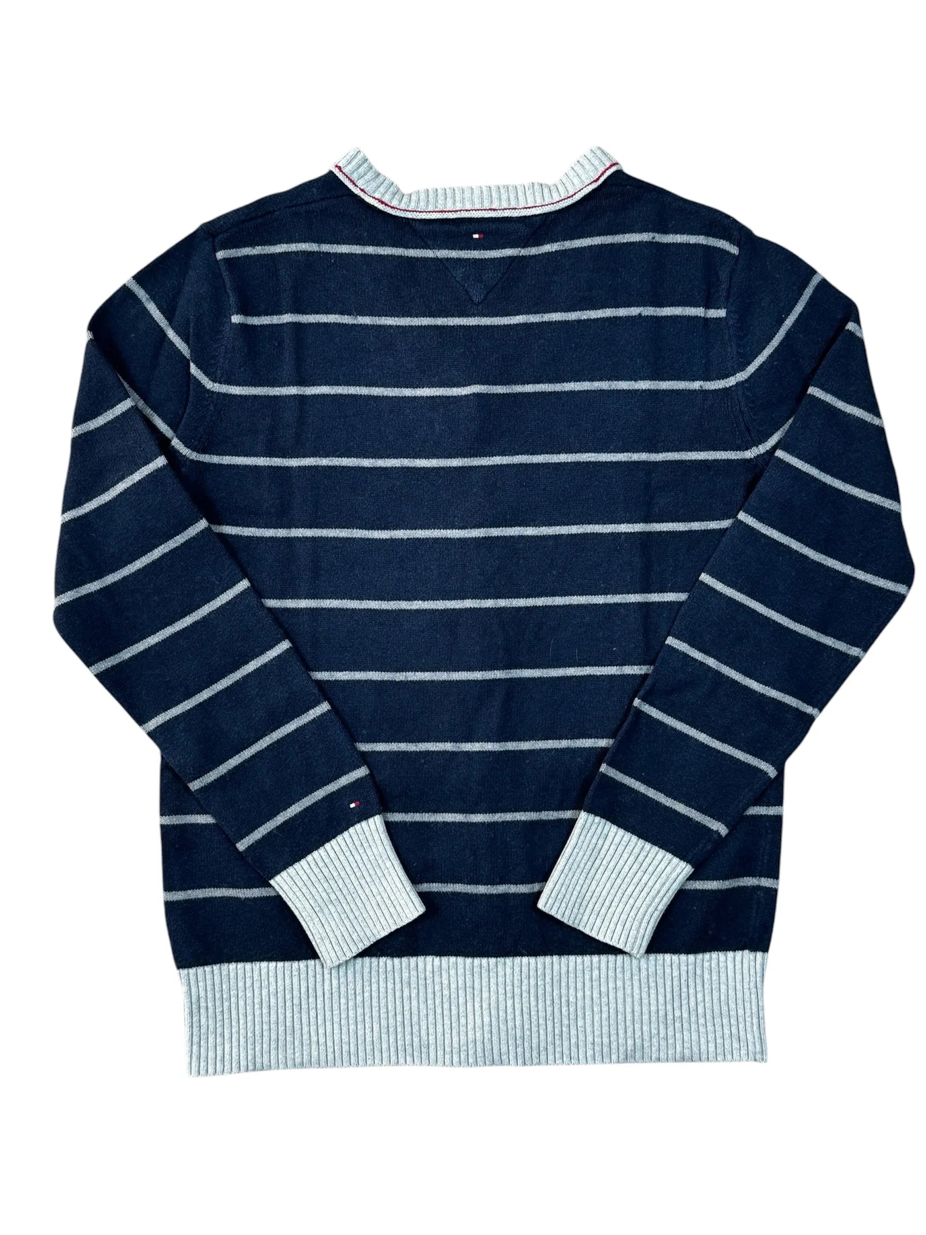 Tommy Hilfiger Pullover in Marineblau und Grau, gestreift, Größe M.