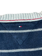 Tommy Hilfiger Pullover in Marineblau und Grau mit V-Ausschnitt und Streifen, Größe M.
