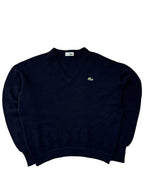 Vintage Lacoste Wollpullover in Dunkelblau, Größe XL, V-Ausschnitt, klassischer Stil.