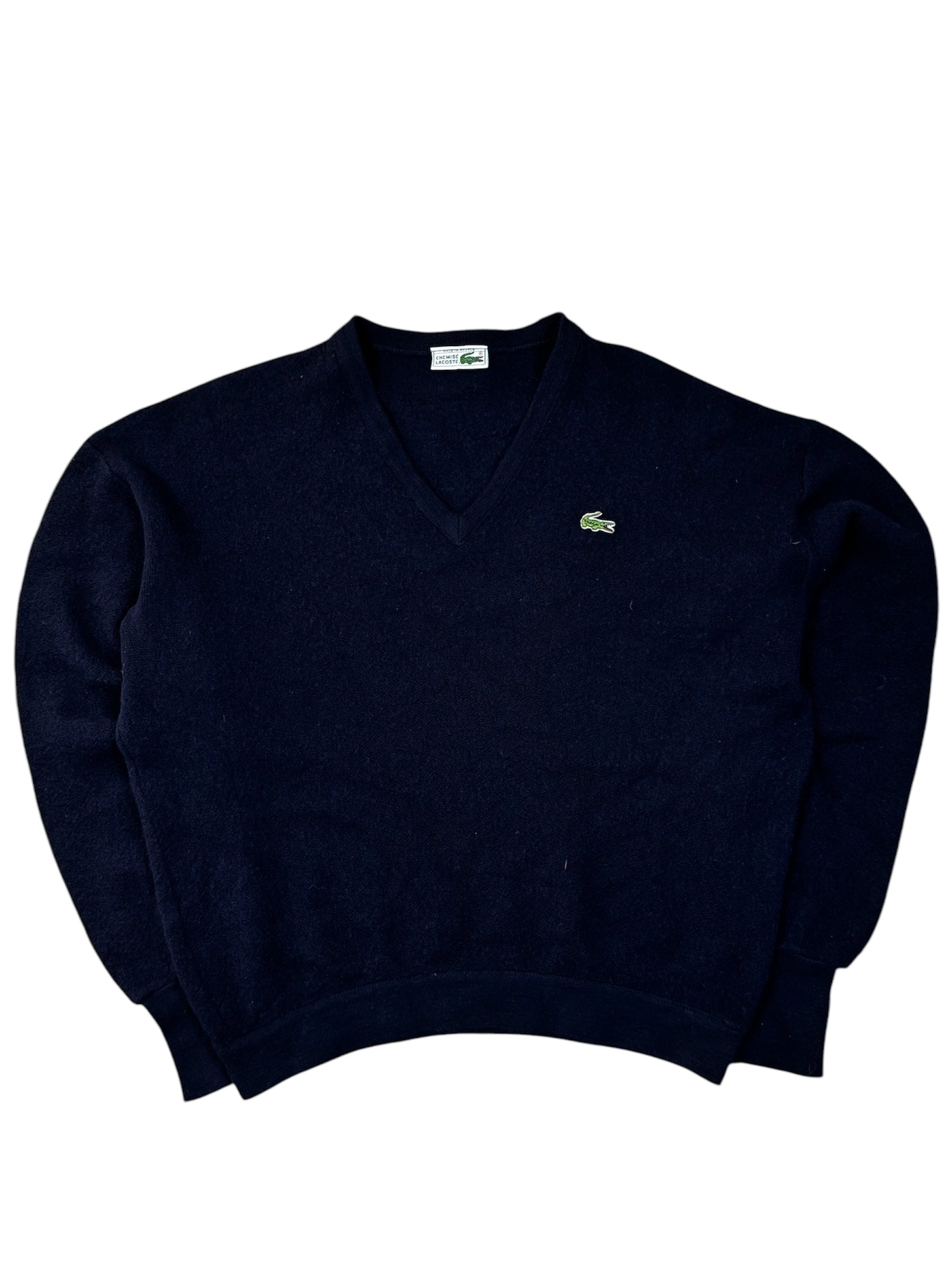 Vintage Lacoste Wollpullover in Dunkelblau, Größe XL, V-Ausschnitt, klassischer Stil.