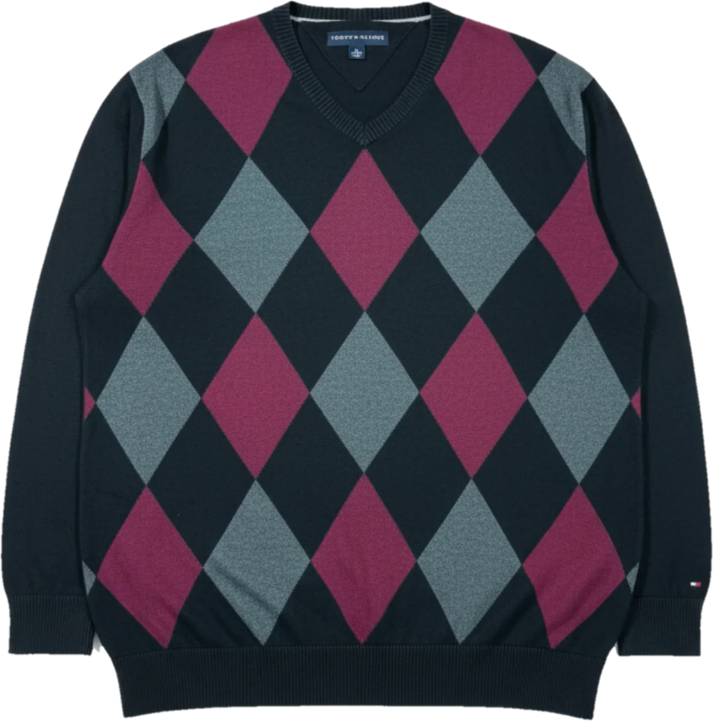 Sweat-shirt vintage Tommy Hilfiger à carreaux noir/bordeaux Taille 2XL